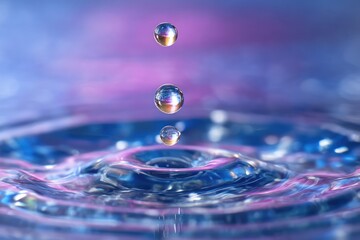 Three water droplets are captured in mid-air above a rippling water surface, with a soft purple background and a subtle rainbow reflection on the water.