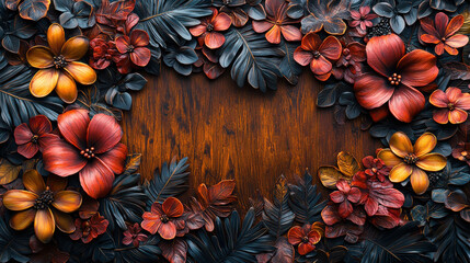 Fototapeta premium A meticulously detailed mahogany surface, exhibiting a rich, warm hue with a subtle wood grain pattern, stands against a backdrop of lush foliage and vibrant textures 
