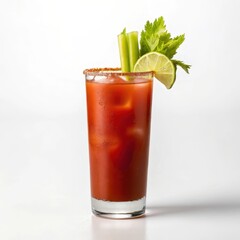 Classic bloody mary cocktail garnished with celery and spices served in a tall glass with red tomato hue and ice