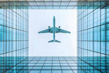Airplane flying over modern glass building, low angle view. Perfect for travel, business, and architecture concepts.