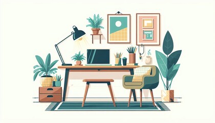 Modern Home Office Illustration, Stylized Workspace Design