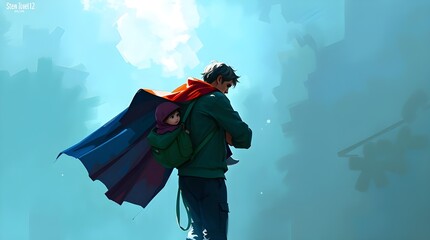 Digital sketch, cinematic style, cool blues greens purples, misty atmosphere, dad with superhero cape carrying child, dynamic painterly strokes, warm candlelight, flickering flames, warm glow