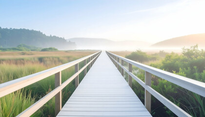 Fototapeta premium Wooden Walkway Over Tranquil Green Meadow with Morning Fog and Lush Foliage in Natural Environment