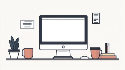 Minimalist Workspace with Computer, Coffee, Plants