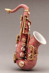 A uniquely designed saxophone with a red cracked mosaic pattern and gold accents, displayed against a neutral background.