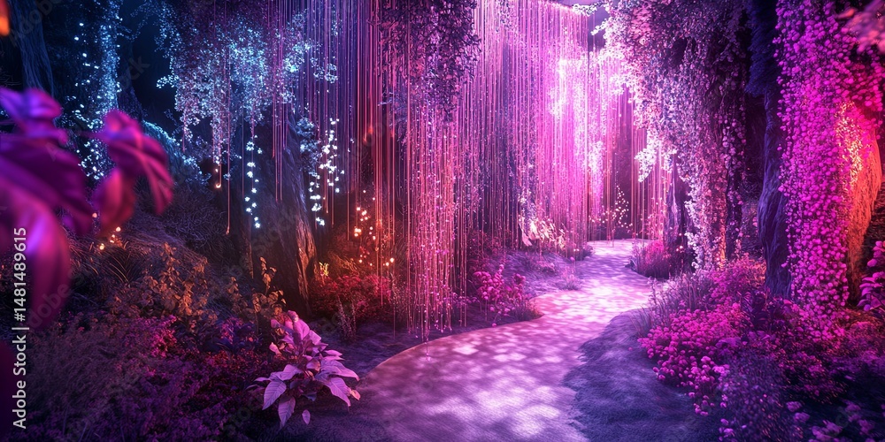 Poster an avant-garde digital art lab with shifting holographic styles and bioluminescent artworks, pushing