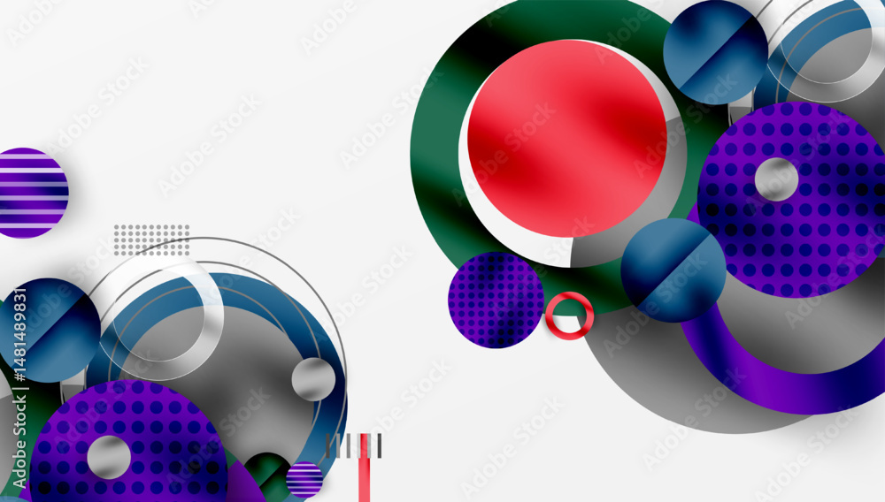 Poster Abstract composition features overlapping circles, curves, lines. Colors include red, purple, blue, gray. Modern design elements present.