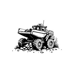 Stylized Black and White Illustration of a Construction Dump Truck in Action