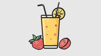 Refreshing orange juice with strawberry and lemon slice. Illustration