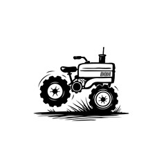 Black and white cartoon of a modified agricultural vehicle on grass
