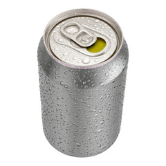 Metallic Beverage Can with Droplets on Transparent Background