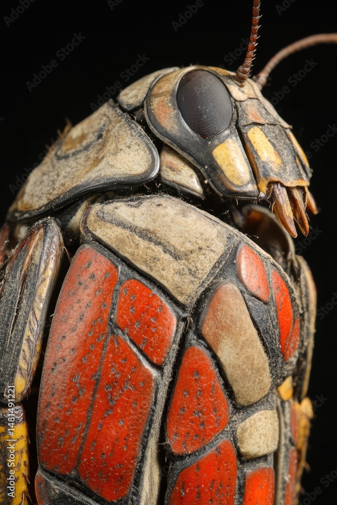 Poster close-up of a colorful click beetle with red and beige plates in studio shot against a black backgro