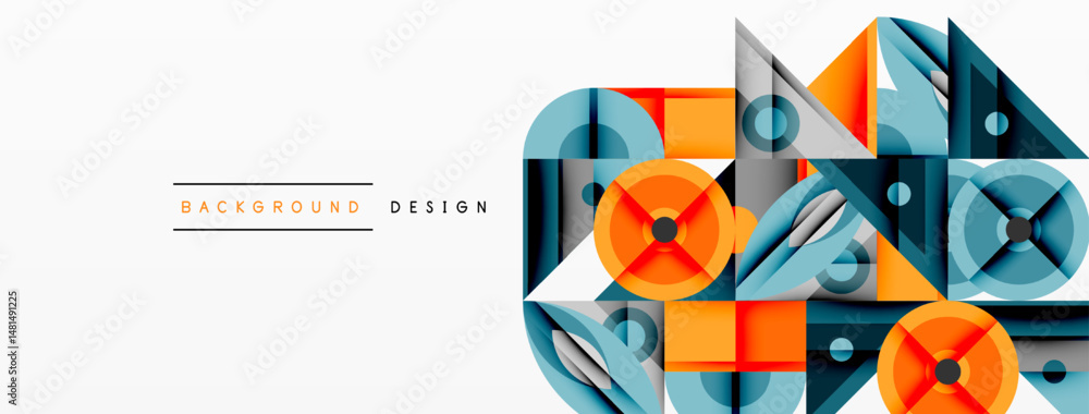 Poster Abstract geometric shapes, blue, orange, gray tones. Modern design elements create dynamic composition. Minimalist style, clean lines.