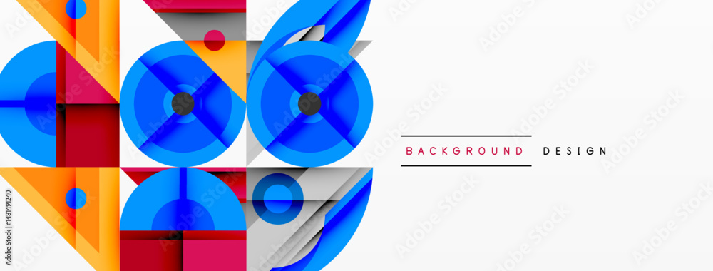 Aufkleber Abstract geometric shapes overlap, creating dynamic colorful composition. Bright blues, oranges, reds dominate white space. Modern design element.