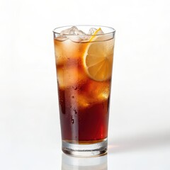 Classic long island iced tea served in a glass with ice and lemon slice in high contrast side view for cocktails