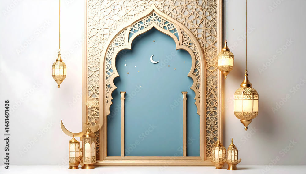 Poster geometric islamic frame with a gold border in a modern design with intricate cutout patterns golden 