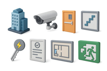 Building security solid icons set – flat, filled, surveillance and safety symbols