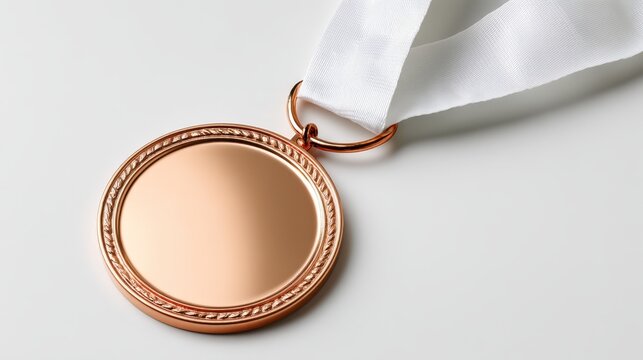 Shining rose gold medal with elegant white ribbon, a symbol of achievement and victory
