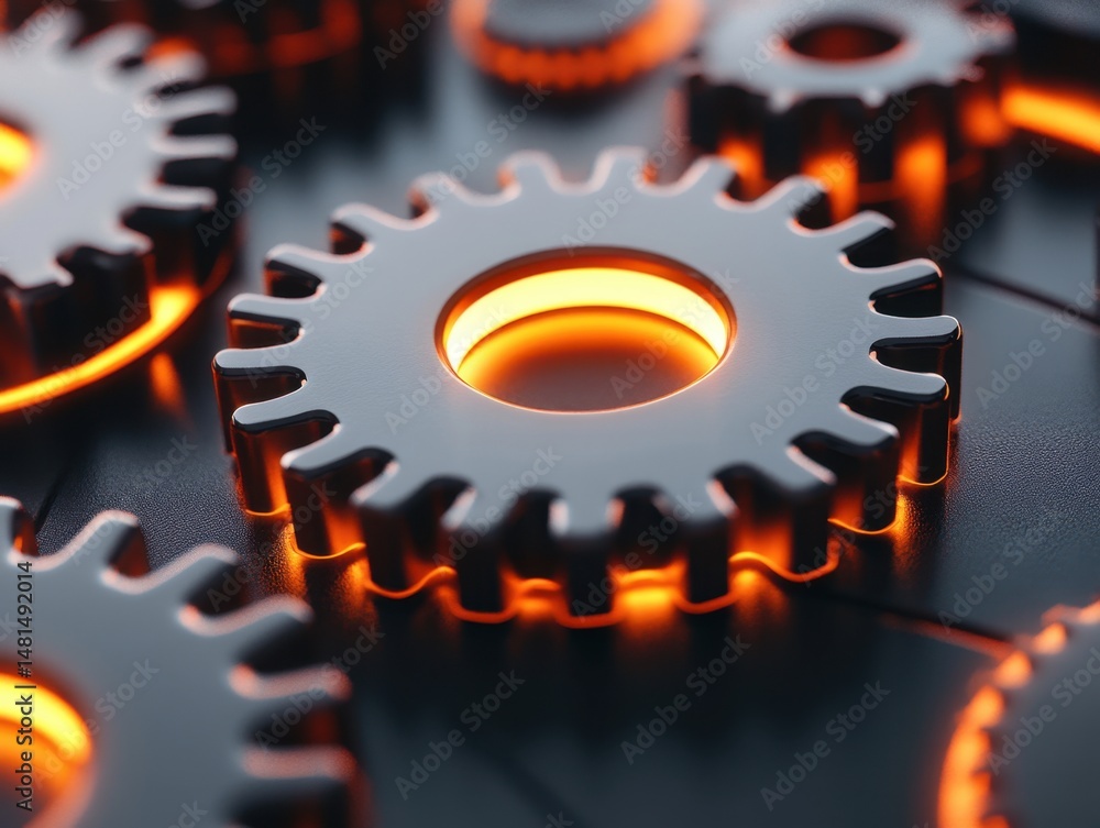 Poster close-up of interlocking gears with orange glow, macro shot of mechanical components, abstract indus