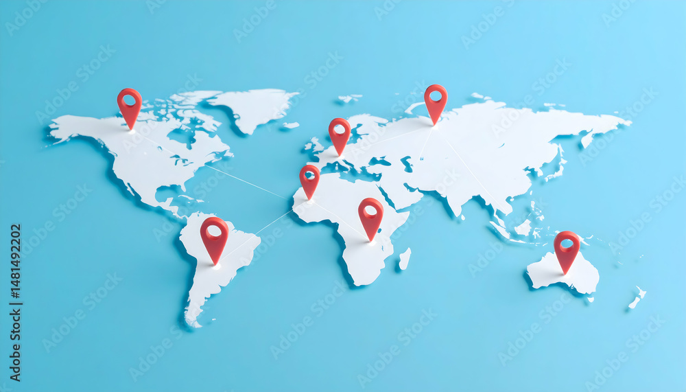 Poster global world map featuring red location pins connected by lines representing international network o