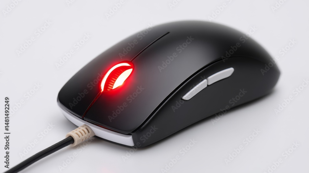 Poster red light glowing on computer mouse, enhanced precision and control for seamless navigation