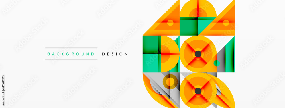Poster Abstract geometric shapes, vibrant colors, modern design elements. Overlapping squares, circles create dynamic visual impact. Clean, minimalist aesthetic.