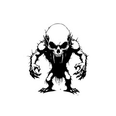 Monochromatic portrayal of a fantastical creature with skeletal and beastly features