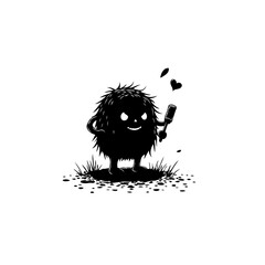 Dark whimsical creature holding smartphone with heart above, playful cartoon