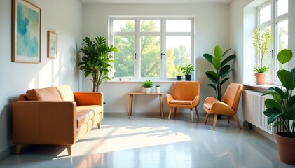 Friendly, clean doctor's office waiting area with comfortable seating and natural light , welcoming, health, window