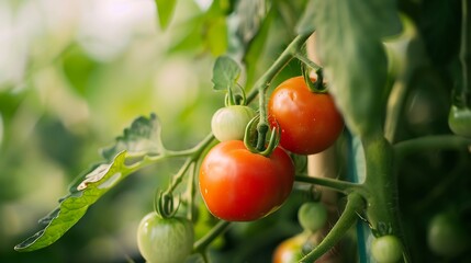 Vibrant Red Tomatoes Ripening on Green Vine with Leaves in Natural Sunlight