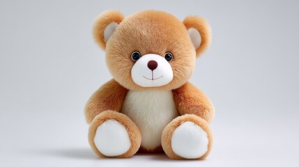 Adorable brown teddy bear sitting on a white background, classic toy for comfort and play