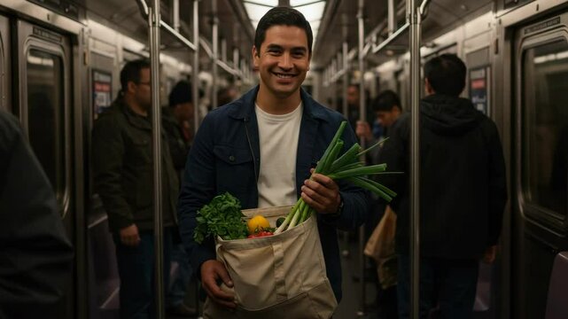 Man carrying groceries on a subway train looking at the bag of green onions.