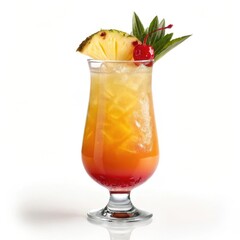 Exotic cocktail with pineapple and pine garnish showcased in a high contrast side view for a captivating tropical experience