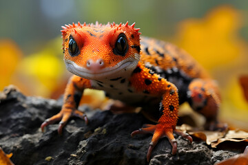 Fototapeta premium Closeup of a Cute Orange and Black Gecko on Autumn Leaves