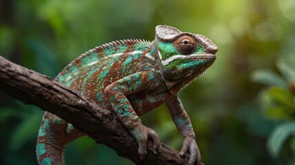 A chameleon perched on a branch with a blurred background of green leaves and sunlight shining through