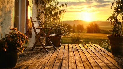 A wooden porch at sunset with chairs and potted plants