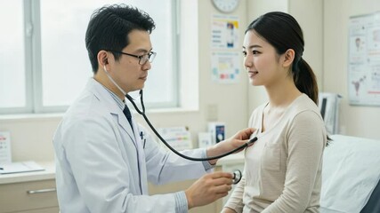 Asian doctor examines smiling female patient in clinical setting, using stethoscope