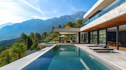 Fototapeta premium Modern architectural villa with infinity pool overlooking mountain scenery