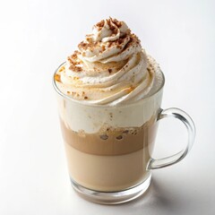 Luxurious hot chocolate latte topped with whipped cream and chocolate drizzle captured in a close-up style