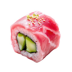 Fresh pink sushi roll with tuna and cucumber, garnished with sesame seeds, isolated on transparency background