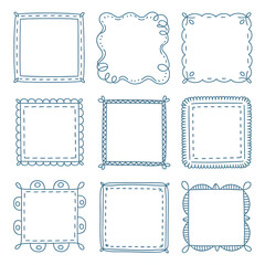 Set of Merry Christmas whimsical hand-drawn blue orange green color frames with wavy squiggle curly ribbons in trendy, vintage styles. Perfect for quirky holiday, Christmas invitation, greeting card