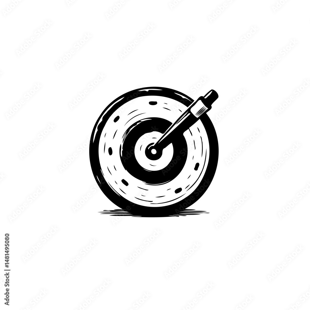 Poster abstract monochrome illustration of a dartboard hit by a dart symbolizing success