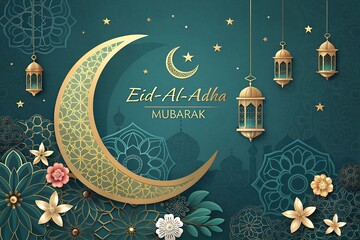 Golden crescent and Eid Al Adha greeting decorate a beautiful teal background with flowers and lanterns