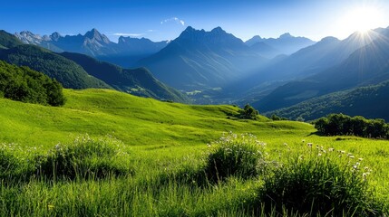 Naklejka premium A beautiful landscape of mountains and green grassy fields