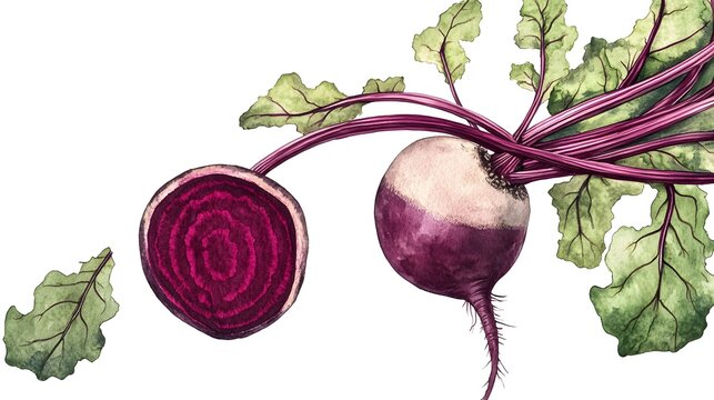 Hand-painted illustration of a beet root and its leaves.