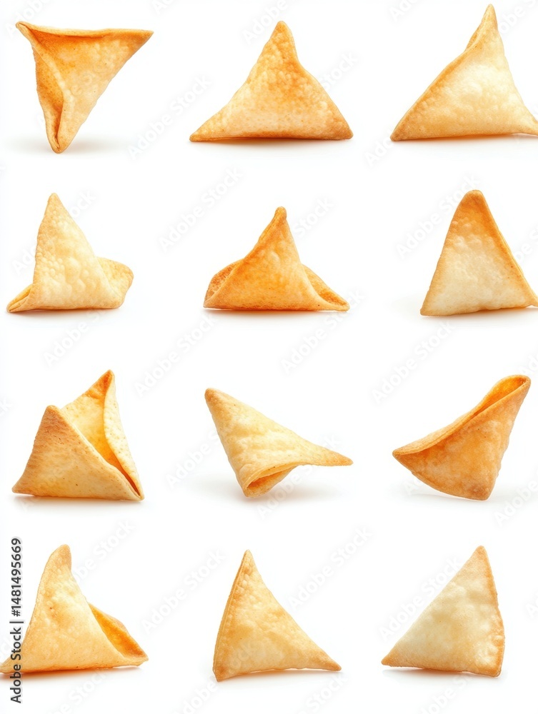 Aufkleber triangle shaped fried wonton wrappers arranged in pattern on white background studio shot overhead f