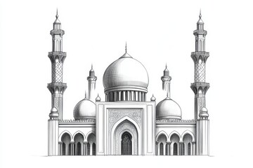 Obraz premium Detailed mosque sketch isolated on white background for architectural design, religious art.
