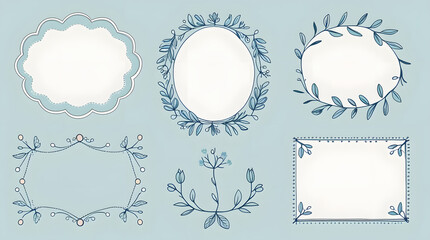 Set of Merry Christmas whimsical hand-drawn blue orange green color frames with wavy squiggle curly ribbons in trendy, vintage styles. Perfect for quirky holiday, Christmas invitation, greeting card