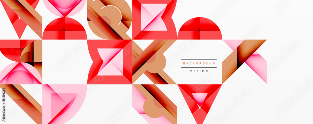 Poster geometric shapes create abstract pattern. red, pink, beige tones dominate design. minimalist style, 