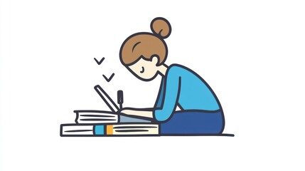 Woman working on laptop, books in background